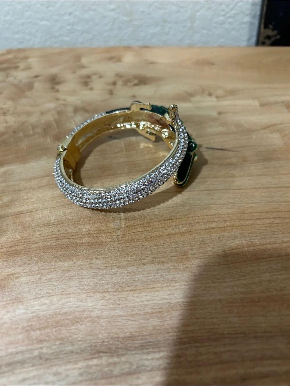 Gold-Tone Green Crystal Alligator Hinged Bangle Bracelet